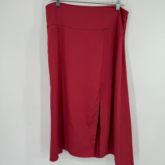Express Red Midi Skirt Womens Size large High Waist Slit satin formal career new - Picture 5 of 9